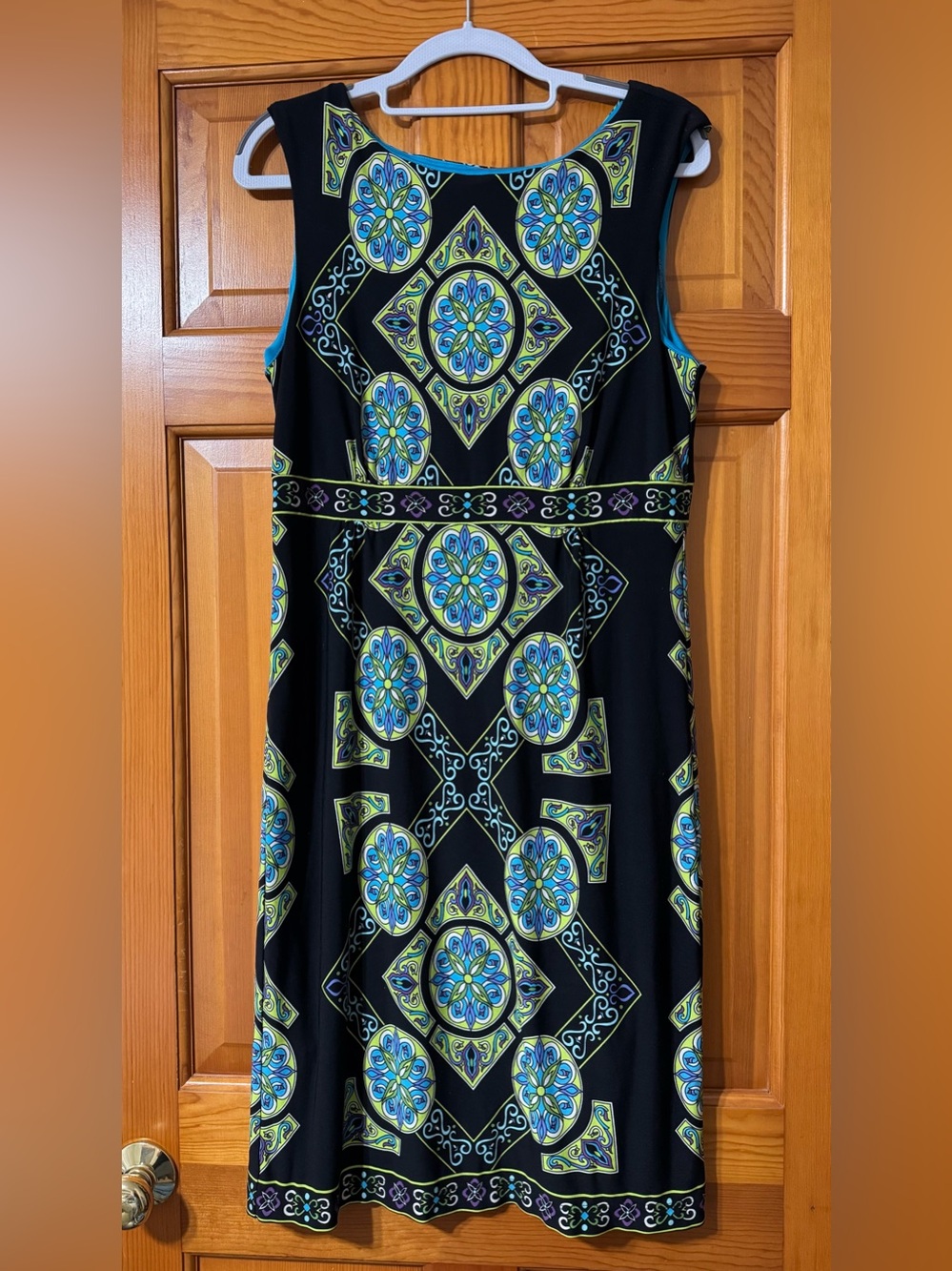 Sandra Darren Black Dress with Blue & Green Medallion Print